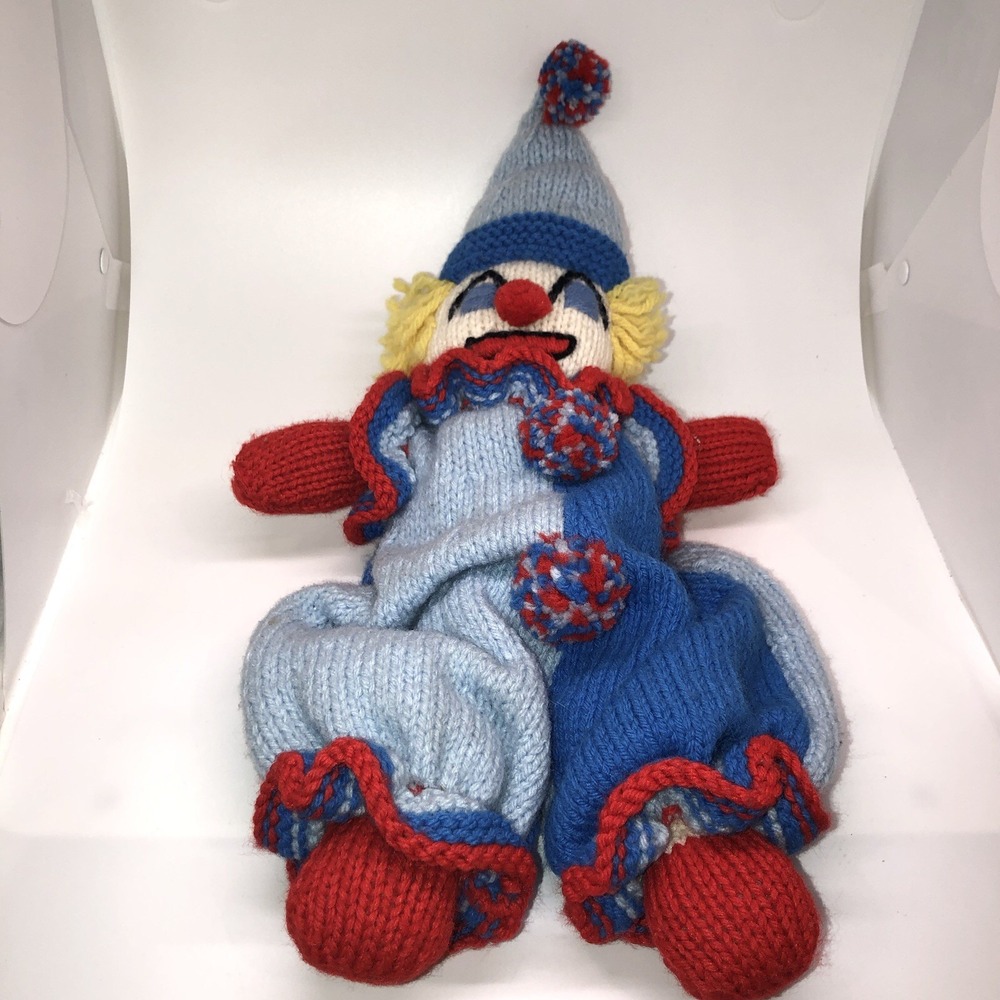 Vintage Handmade Knit Clown Rag Doll Yarn Hair Pom Poms Hat Red Blue 17.5"